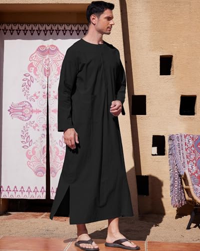 YAOHUOLE Kaftan for Men Long Sleeve Muslim Men Thobe Kaftan Thobe with Pockets - color: Black, size: Large