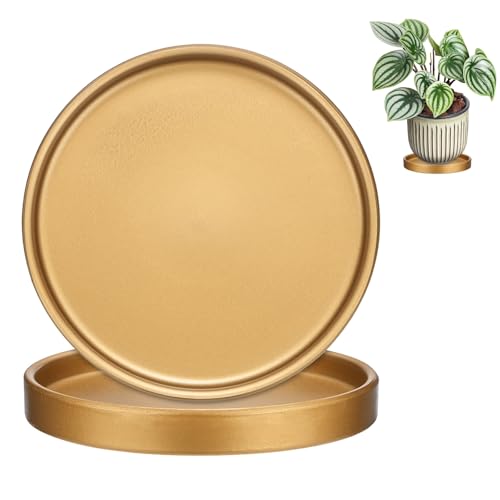 M METERXITY 2-Pack Plant Saucers, 5.7 Inch ID Anti-Rot Root Ceramic Flower Pot Plant Saucers for Indoor/Outdoor, Round Flowerpot Drip Tray [6.1 Inch OD, Gold Tone] - color: Gold Tone, size: 5.7 Inch
