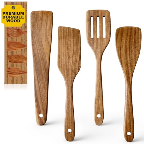 Best Non Toxic Wooden Spatula for Cooking Utensil Set Acacia Wood Spatula Set of 4, Bamboo Cooking Spoon Flat Slotted Turner Spatulas for Kitchen Use Cast Iron Scraper Spurtle Thin Egg Flipper Spatula - color: 4Pcs-Spatula