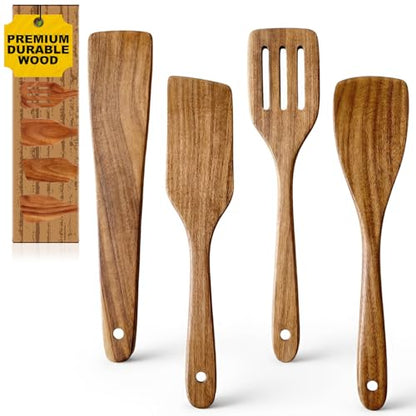 Best Non Toxic Wooden Spatula for Cooking Utensil Set Acacia Wood Spatula Set of 4, Bamboo Cooking Spoon Flat Slotted Turner Spatulas for Kitchen Use Cast Iron Scraper Spurtle Thin Egg Flipper Spatula - color: 4Pcs-Spatula