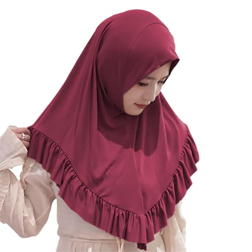 Women Muslim Hijab Scarf Floral Lace Head Wrap Turban Islamic Arab Ready to Wear Aiyah Amira Lightweight Shawl - color: Burgundy - Pleated Edge