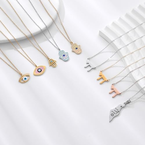 Stainless Steel Hebrew CHAI Necklace | Hand of Fatima Pendant | Turkish Evil Eye Charm | Israel Map Blessing Necklace | Protection Jewelry for Women men Include a Gift Box - color: Silver-Map-1247