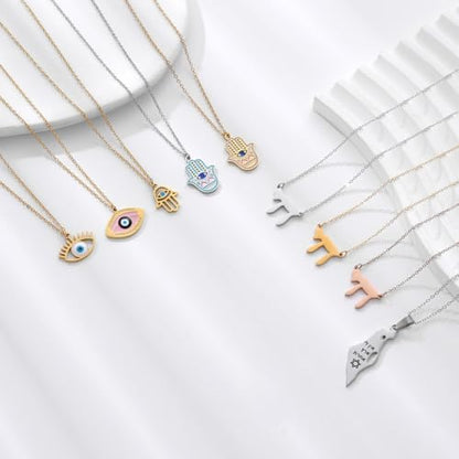 Stainless Steel Hebrew CHAI Necklace | Hand of Fatima Pendant | Turkish Evil Eye Charm | Israel Map Blessing Necklace | Protection Jewelry for Women men Include a Gift Box - color: Gold-Eye-1250