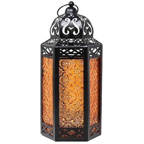 Vela Lanterns Decorative Indoor Candle Holder Table Centerpieces - Moroccan Hanging Outdoor Patio & Porch Home Decor, Turkish Lamp for Wedding, Ramadan, Halloween (Large 12", Amber Glass) - color: Black/Amber, size: Large