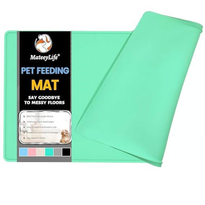 MateeyLife Dog & Cat Food Mat - Waterproof, Nonslip, Raised Edges, Silicone Tray for Messy Drinkers, 24"x16", Mint Green - color: Green, size: 24''×16''