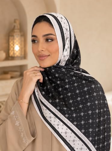 Satin Hijab Scarf for Women, Silk-Feeling Muslim Headscarf, Digital Bow Letter Print Head Wrap Shawl for Summer - color: Mlp004-black