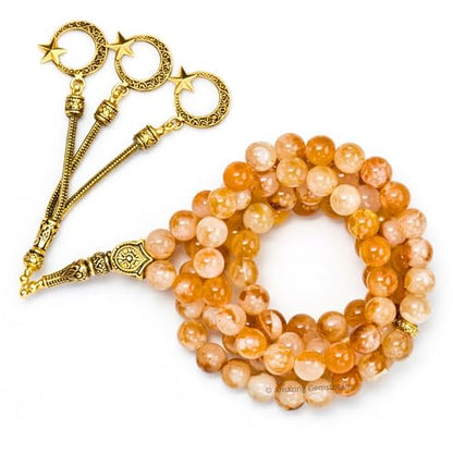 Amazing Gemstone Crystal Tasbeeh with Moon and Star Charm - Certified Crystal Muslim Prayer Beads Natural Gemstone Tasbih Gift for Ramadan Dhikr and Daily Namaz (G) - color: Citrine Natural