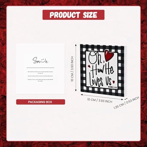 Smile Christian Valentine's Day Wooden Decor, Buffalo Plaid Heart | Oh How He Loves Us, John 3:16 Ornament, Indoor Decoration, Gift Box Included - style: Christian Valentine