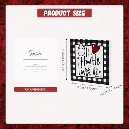 Smile Christian Valentine's Day Wooden Decor, Buffalo Plaid Heart | Oh How He Loves Us, John 3:16 Ornament, Indoor Decoration, Gift Box Included - style: Christian Valentine