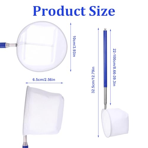 4 Inch Aquarium Net, Fish Net for Fish Tank with 8.6" to 39" Long Extendable Stainless Steel Handle Blue Round Small Aquarium Fine Mesh Shrimp Nets Pond Food Residue Debris Skimming for Fishes Shrimp