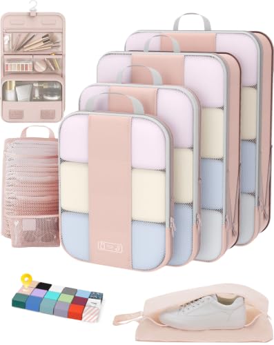 OlarHike 8 Set Compression Packing Cubes for Travel Gifts Mom Women,Airplane/Car/Cruise Travel Essentials,Compressible Expandable Space Saver Bags,Garment Bags with Over 1000 pcs Mesh Holes(Beige) - color: Beige
