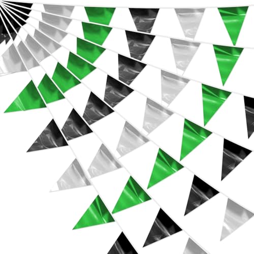 4P Black Silver Green Party Decorations - Metallic Fabric Triangle Pennant Banner Flags - Indoor/Outdoor Bunting Garland for Birthday, Wedding, Graduation & Theme Parties - color: Black Silver Green