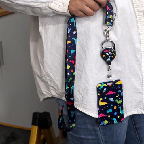 Space Dinosaur Lanyard for Kids with Retractable Badge Holder Cute Badge Reel Clip for Key Card Work ID Young Student Teacher - color: Dinosaur