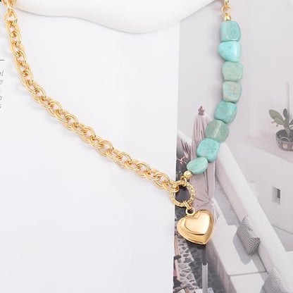 POTESSA 18K Gold Plated Pendant Necklace Medallion Coin Heart Y Shaped Chain Toggle Necklace for Women Jewelry - color: gold heart amazonite
