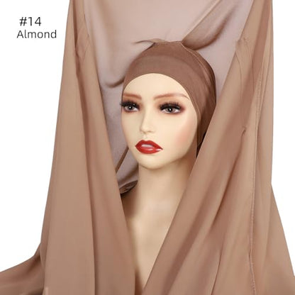 Instant Chiffon Hijab Set 3-in-1 Hijabs Scarf with Built-in Magnets and Undercap Head Wraps with Modal Cap - color: Almond 14#