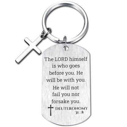 Inspirational Scripture Keychain with Cross - Bible Verse Matte Key Chain Religious Gift for Christian - style: Deuteronomy 31:8