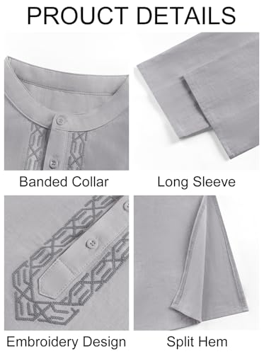 Runcati Mens Kaftan Thobe Button Down Casual Henley Shirts Long Sleeve Robe Cotton Linen Muslim Gown Shirt - color: Grey, size: Medium