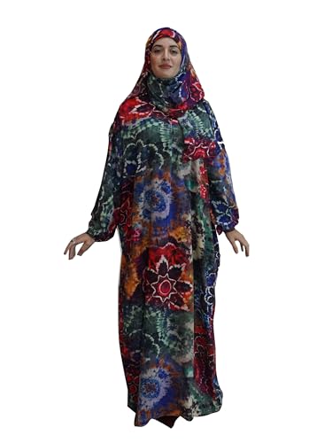 Women's Ditsy Floral Print Zipper Design Hooded Arabian Dress Modest Bishop Sleeve Long Sleeve Maxi Muslim Dress for Women - color: Colorfull, size: One Size