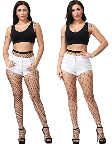 E-Laurels Womens High Waist Patterned Fishnet Tights Suspenders Pantyhose Thigh High Stockings Black - color: Black 2 Pcs L+xl