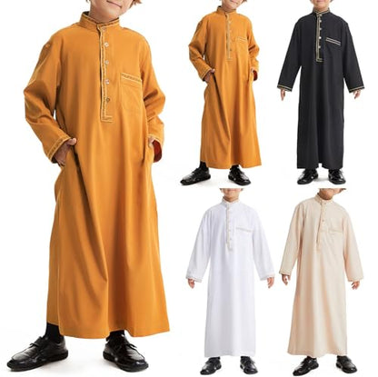 Muslim Thobe for Boys Islamic Thobe Long Sleeve Kaftan Stand Collar Button 𝐑obe Kids Ramadan Eid Outfit Prayer Clothes - color: Beige, size: 11-12 Years