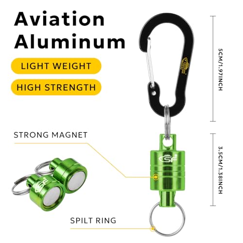 SF Strongest Magnetic Net Release Magnetic Keychain Fly Fishing Net Retractor Magnet Clip Holder Retractor with Retractable Coiled Lanyard Carabiner - color: Green Magnet+ Black Aluminum Alloy Hook