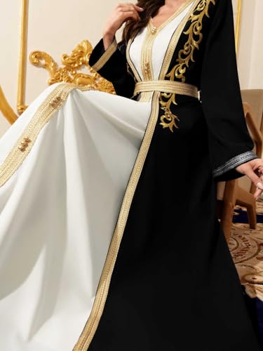Elegant Muslim Dress with Gold Embroidered Evening Gown, Traditional Islamic Attire - color: A-black, size: Large