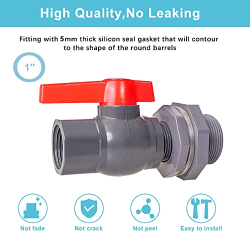 Ququyi 1 Inch PVC Rain Barrel Valve Spigot Kit with Ball Valve and Bulkhead Fitting Adapter for Water Tanks, Aquariums, Pools - size: 1"+valve