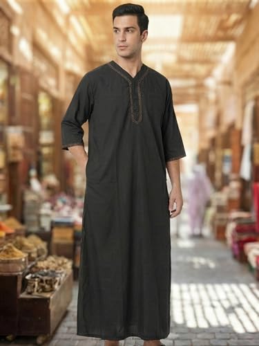 Mens Kaftan Thobe V-Neck Half Sleeve Muslim Robe Dubai Long Gown Saudi Arab Thobe Robes for Summer Beach - color: Black, size: Medium