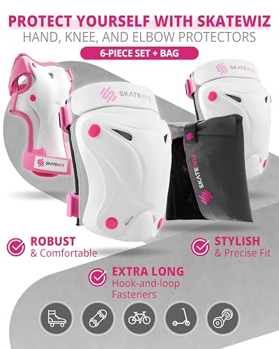 SKATEWIZ Knee and Elbow Pads Adult - Skating Protective Gear - PROTECT-1 - Size L Pink White - Wrist Guards Skating Pads, Skateboard, Roller Skate, Ice Skates For Women - color: Pink-White, size: L - Teens and Adults