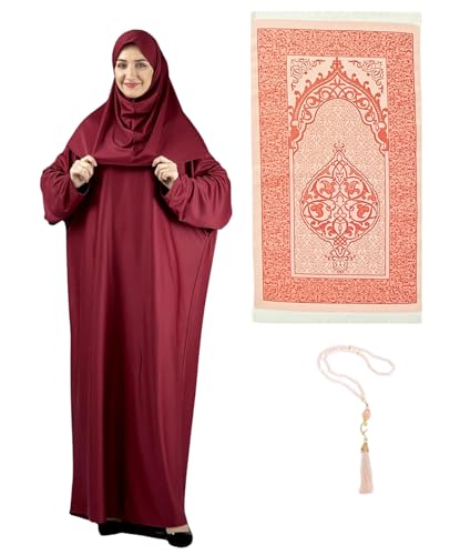 Prien Women Prayer Dress With Hijab Rug Tasbih Muslim Set Islamic Clothes Abaya Jilbab Dubai Kaftan For Eid Ramadan - color: Burgundy