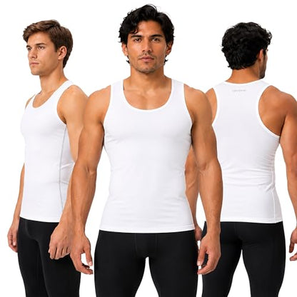 DEVOPS 3 Pack Men's Muscle Dry Fit Compression Tank Top Sleeveless Shirt | Compression Fit, Wicking, 4-Way Stretch, Running, Workout, UPF 50+, Sleeveless - color: White / White / White(gray-stitch), size: XX-Large