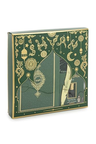 ihvan online Prayer Gift Set for Men & Women, Muslim Prayer Rug, Salah Mat, Beads Taasbih, Arabic Holy Quran, Islamic Gift Set for Ramadan & Eid, Green - color: Green