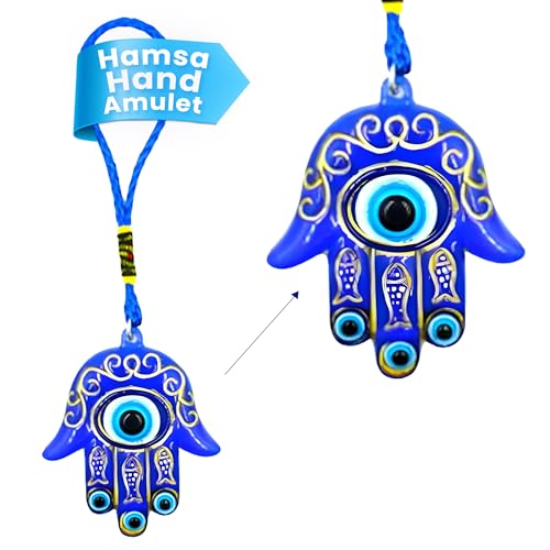 LUCKBOOSTIUM Hamsa Hand Amulet Good Luck & Protection Blue White & Black Evil Eye Hanging Car Mirror Accessories Office Door - color: Blue Rope