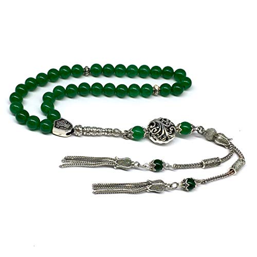 Design - Long & Stylist Tassels Worry Beads - Prayer Beads (8 mm-33 Beads) Tesbih-Tasbih-Tasbeeh-Misbaha-Subha-Sebha-Sibha-Rosary (Green Jade Natural Stone) - color: Green Jade Natural Stone
