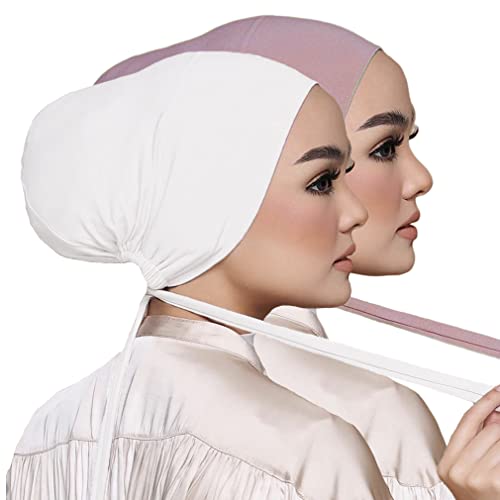 Women Under Scarf Hat Hijab Undercap Islamic Muslim Under Scarf Hijab Cap with Tie-Back Closure - color: White+pink