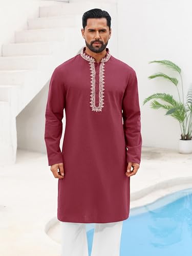 Runcati Mens Kaftan Thobe Cotton Henley Shirt Long Sleeve Embroidery Robe Casual Kurta Muslim Gown Shirt - color: Burgundy, size: Medium