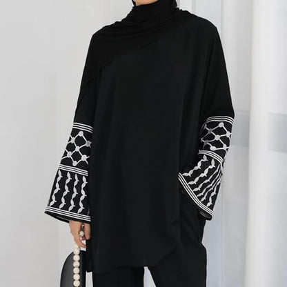 Women's Top + Pants Eid Ramadan Muslim Two-piece Outfits Embroidered Dubai Abaya Islamic Arabic Clothing - color: Black, size: Medium-Large