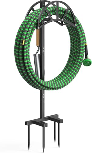 Mr IRONSTONE Heavy Duty Freestanding Garden Hose Stand With 4 Ground Spikes, Upgraded Stainless Steel Hardware Water Hose Holder, Black