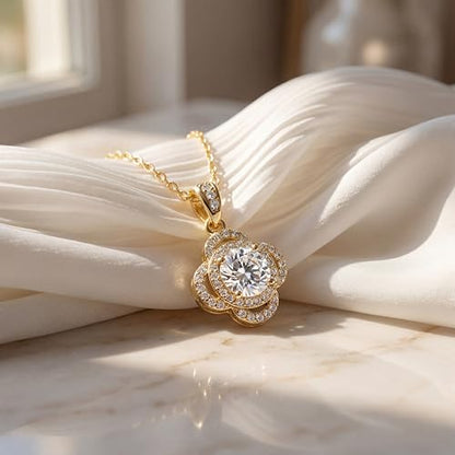 Necklaces for Women - Sparkling Flower Pendant Necklace, 18K Gold Plated Chain, Sunflower Clover Jewelry for Wedding Party, 16+2 Inch - color: Golden