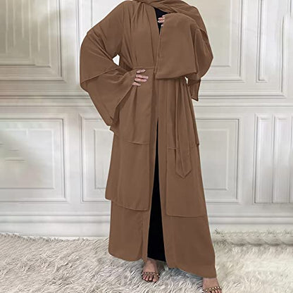 Abayas 여성용 무슬림 아바야 긴소매 맥시 드레스 루즈 풀 커버 이슬람 두바이 가디건 히잡 옷 S-XXL - color: 브라운+히잡, size: S