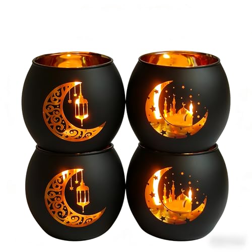Eid Mubarak Decorations for Home - Set of 4 Glass Tealight Candle Holders, Ramadan Mubarak Table Centerpiece, Islamic Mosque & Lantern Silhouette Votives, Eid Gifts, Black and Gold