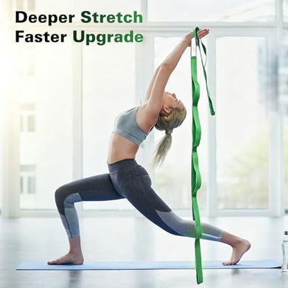 Stretching Strap with 10 Loops Non-Elastic Yoga Strap for Physical Therapy Pilates Dance Gymnastics Stretch Band for Daily Flexibility Routine at Home Gym Travel Includes Exercise Guide - color: Green