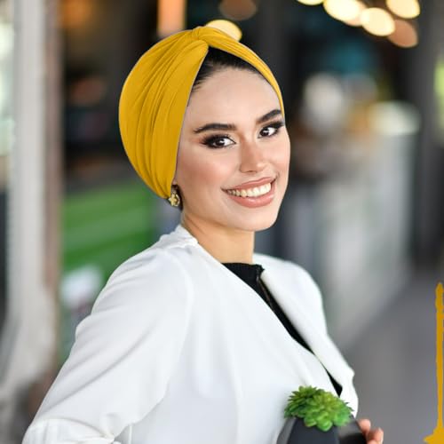para life Knot Turbans for Women, Breathable Instant Turban|Standard Size Cotton|Pre-tied Scarf, Hijab Cap&Undercap - color: Mustard
