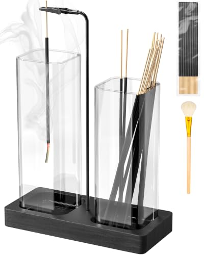 Incense Holder with Glass Jars, Large 2 in 1 Incense Holder for Sticks, Upside Down Incense Burner with Ash Catcher & Storage for Meditation Yoga Spa Home Decor - 20 Incense Sticks & Brush - color: Square Black