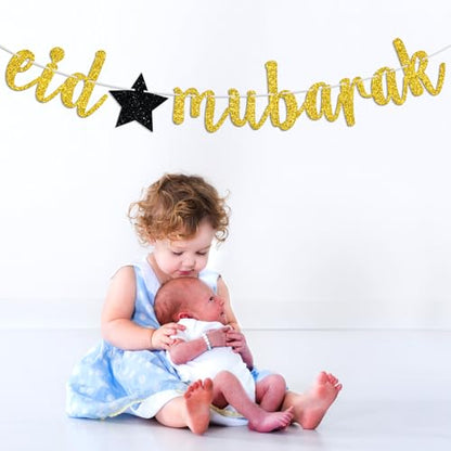 Gold Glitter Eid Mubarak Banner, 2026 Hajj Decoration, Muslim Islam Celebration Eid Party Decorations Supplies