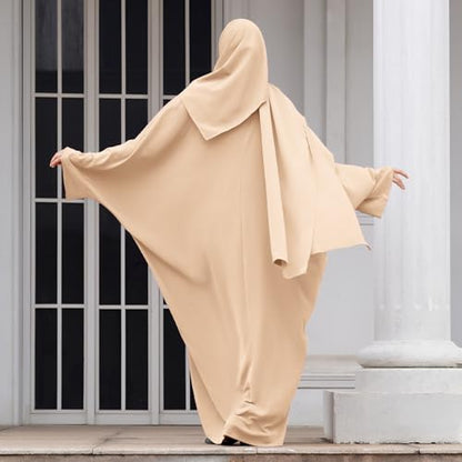 IDOPIP Abayas for Women Muslim Dress with Hijab, One-Piece Long Sleeve Islamic Prayer Dress with Khimar Jilbab Kaftan Clothes - color: Apricot + Hijab