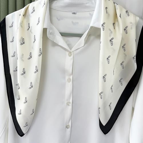 FONYVE Silk Feeling Scarf Medium Square Satin Head Scarf for Women 27.5 × 27.5 inches - color: 04 White Horsehead