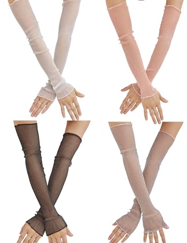 OTPEH 4 Pairs Women Mesh Sleeves Sheer Arm Sleeves Fashion Detachable Lace Sun Sleeves Thin Black White Gray Pink
