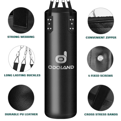 Odoland Punching Bag Set for Adults, 4FT PU Heavy Boxing Bag Set with 12OZ Boxing Gloves, Hand Wraps, Hanging Chains for MMA Karate Kickboxing Home Gym Training as Boys Gifts - Unfilled