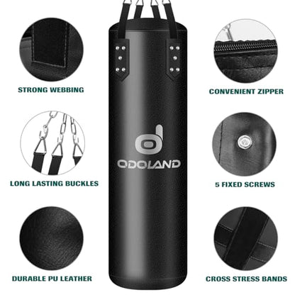 Odoland Punching Bag Set for Adults, 4FT PU Heavy Boxing Bag Set with 12OZ Boxing Gloves, Hand Wraps, Hanging Chains for MMA Karate Kickboxing Home Gym Training as Boys Gifts - Unfilled
